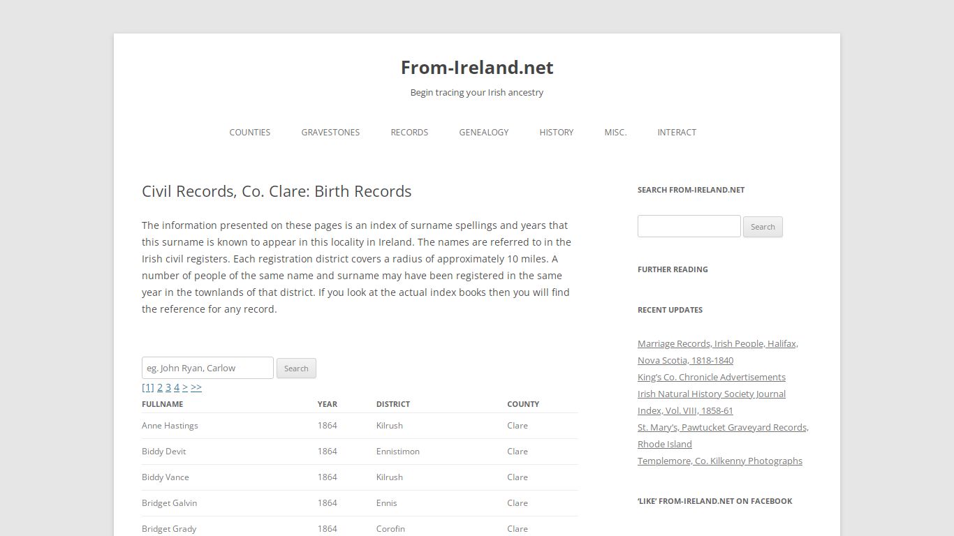 Civil Records, Co. Clare: Birth Records - From-Ireland.net